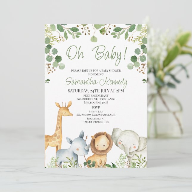 Invitación Eucalyptus Cute Safari Baby Shower Neutral de Géne (Anverso de pie)
