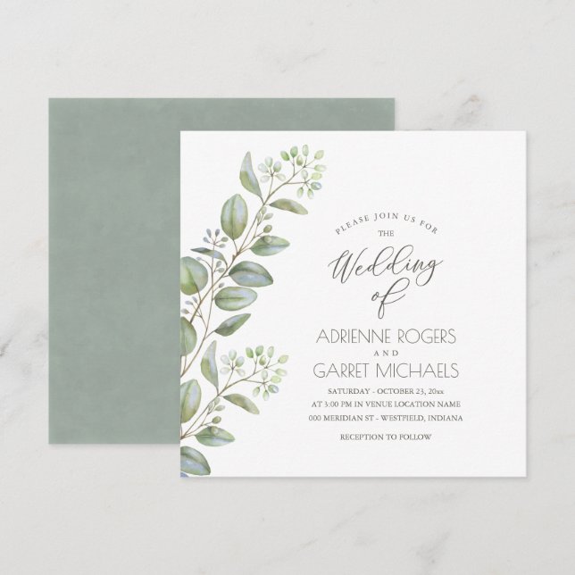 Invitación Eucalyptus Cuttings Boda Blanco Cuadrado (Anverso / Reverso)