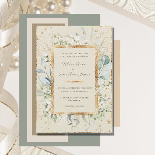 Invitación Eucalyptus Daisies Crema de Oro Elegante Boda
