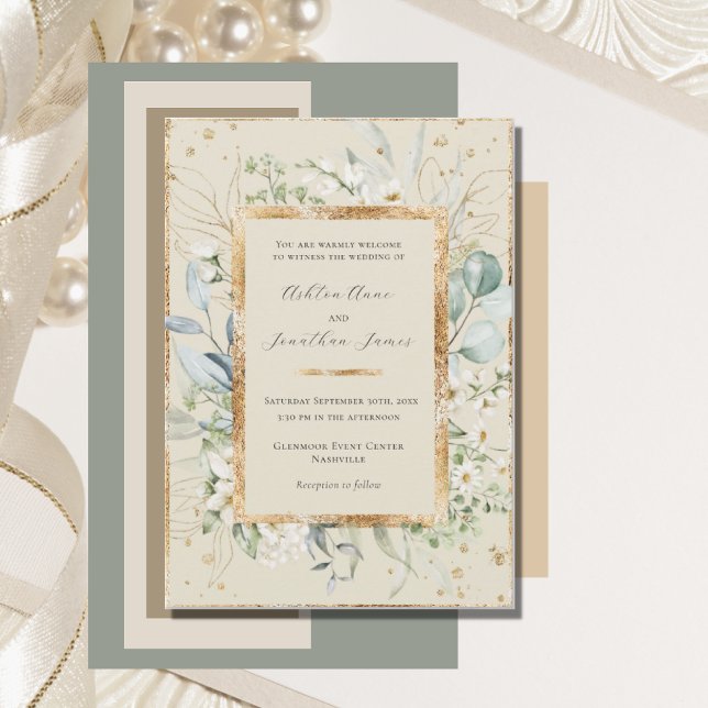 Invitación Eucalyptus Daisies Crema de Oro Elegante Boda (Subido por el creador)