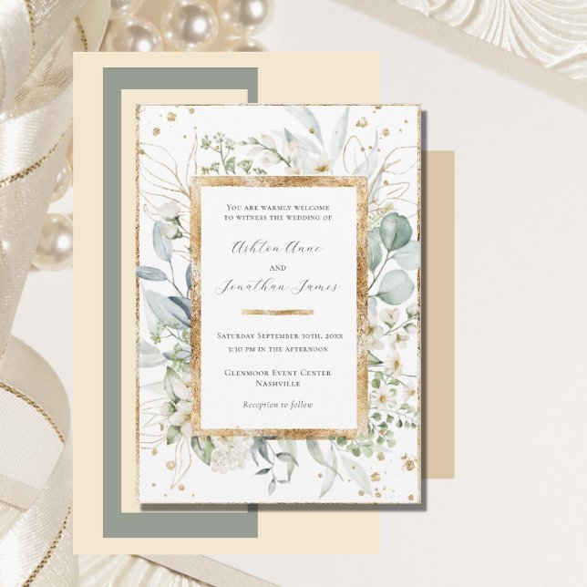 Invitación Eucalyptus Daisies Gold Elegant Wedding (Subido por el creador)