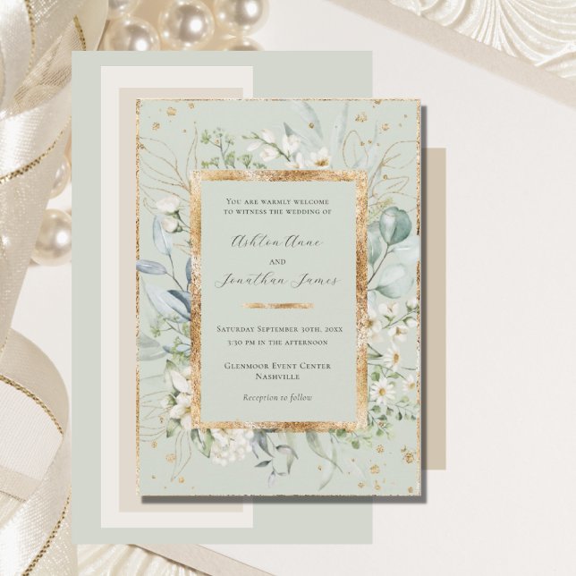 Invitación Eucalyptus Daisies Gold Sage Green Elegant Wedding (Subido por el creador)