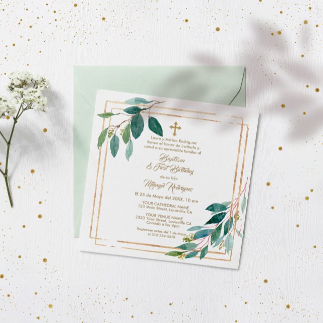 Invitación Eucalyptus deja a niño español bautismo de primer  (Subido por el creador)