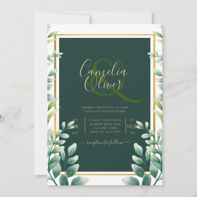 Invitación Eucalyptus deja al BODA ORO QR CÓDIGO INVITE RSVP (Anverso)
