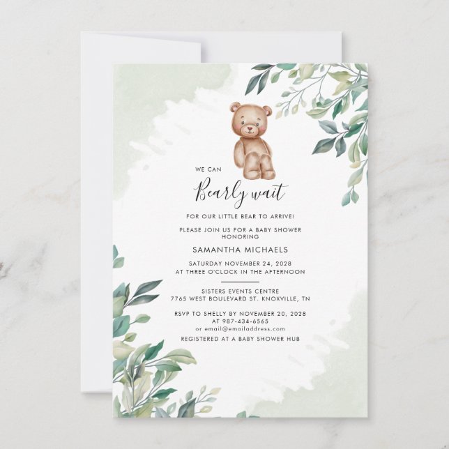 Invitación Eucalyptus deja Baby Shower a los oseos de Woodlan (Anverso)