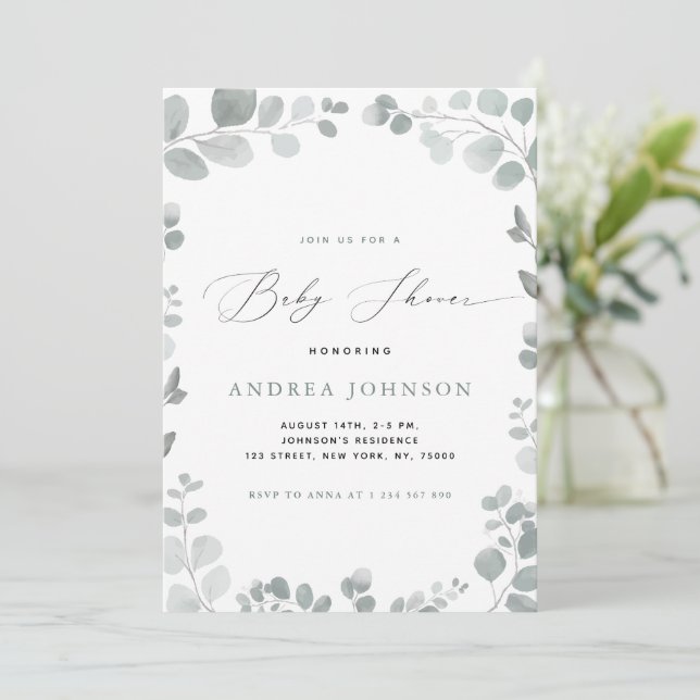 Invitación Eucalyptus deja Baby Shower Chica (Anverso de pie)