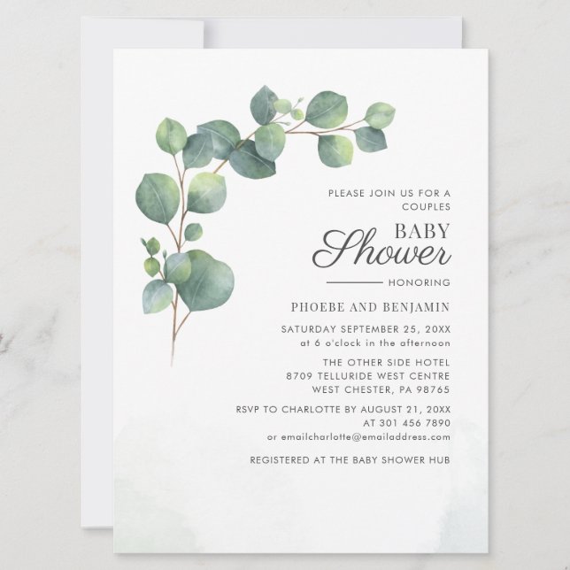 Invitación Eucalyptus deja Baby Shower de parejas botánicas (Anverso)
