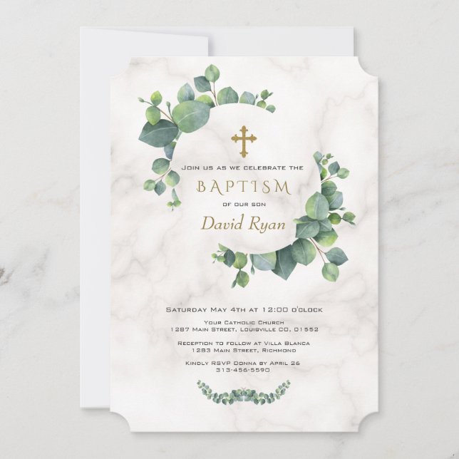 Invitación Eucalyptus Deja Bautismo De Mármol Cruzado (Anverso)
