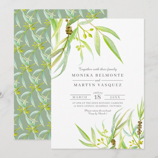 Invitación Eucalyptus deja boda de acuarela (Anverso / Reverso)