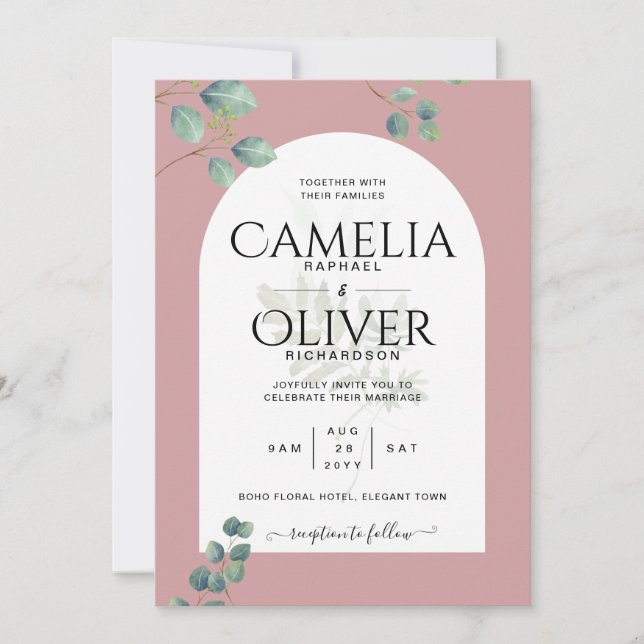 Invitación Eucalyptus deja Boda de arco superpuesto (Anverso)