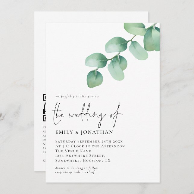 Invitación Eucalyptus deja Boda de código QR Script (Anverso / Reverso)