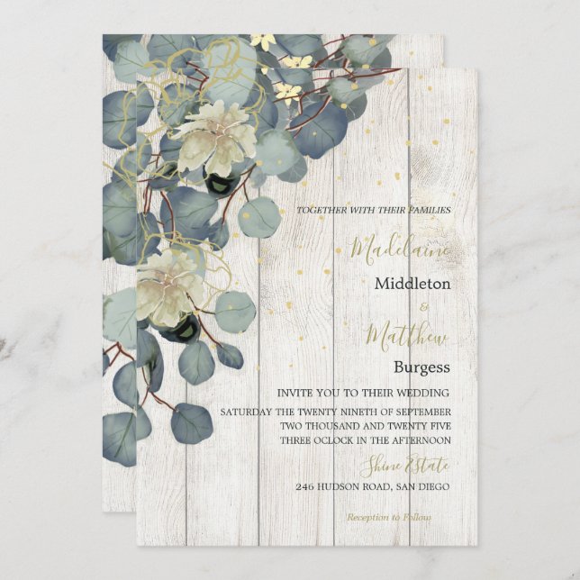 Invitación Eucalyptus deja Boda floral de oro de madera rústi (Anverso / Reverso)