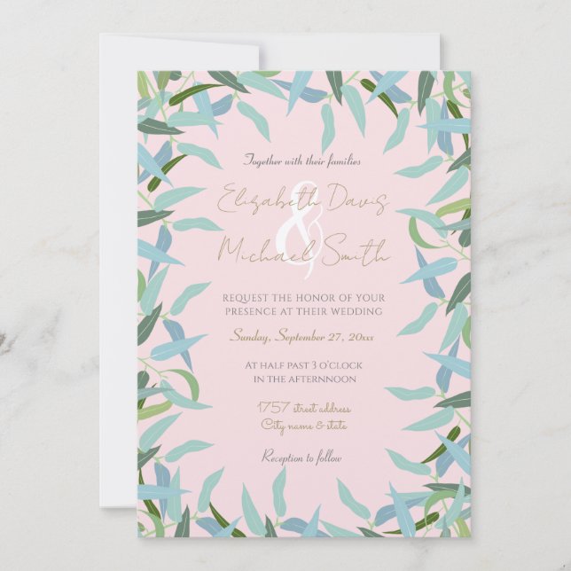 Invitación Eucalyptus deja diseño rosa (Anverso)