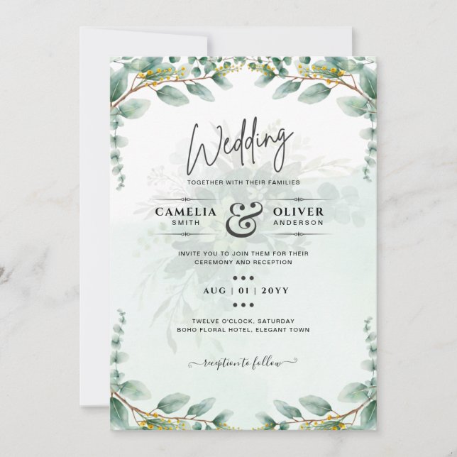 Invitación Eucalyptus deja el BODA ORO QR CODE PRESUPUESTO (Anverso)