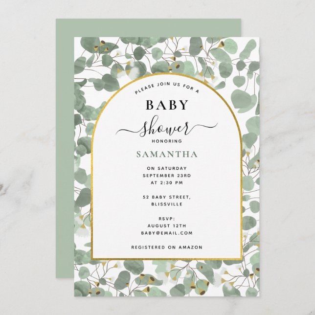 Invitación Eucalyptus deja el género Neutral Gold Baby Shower (Anverso / Reverso)
