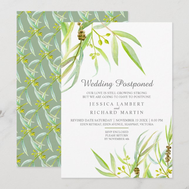 Invitación Eucalyptus deja la acuarela boda pospuesto (Anverso / Reverso)