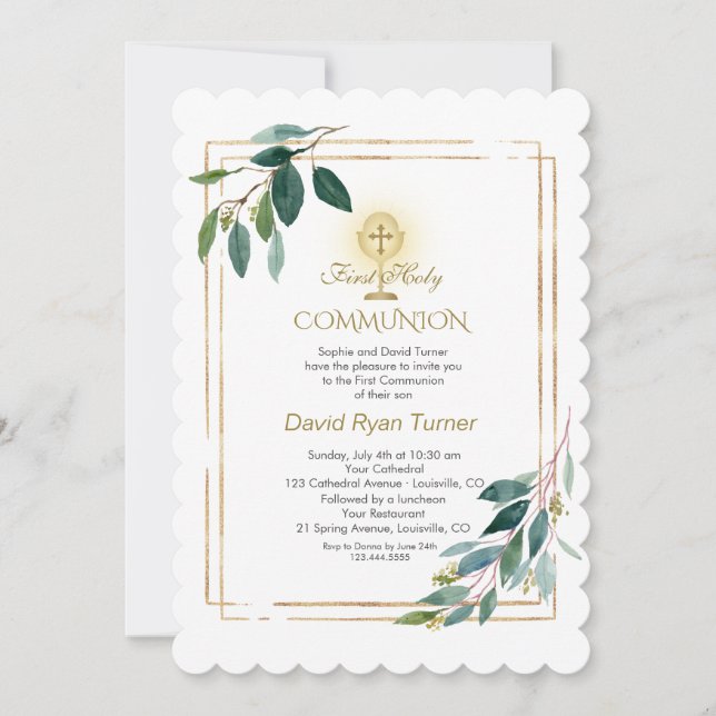 Invitación Eucalyptus deja la cruz del oro en la comunión sag (Anverso)