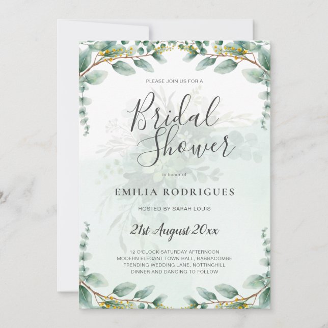 Invitación Eucalyptus deja la DUCHA BRIDAL ORO (Anverso)