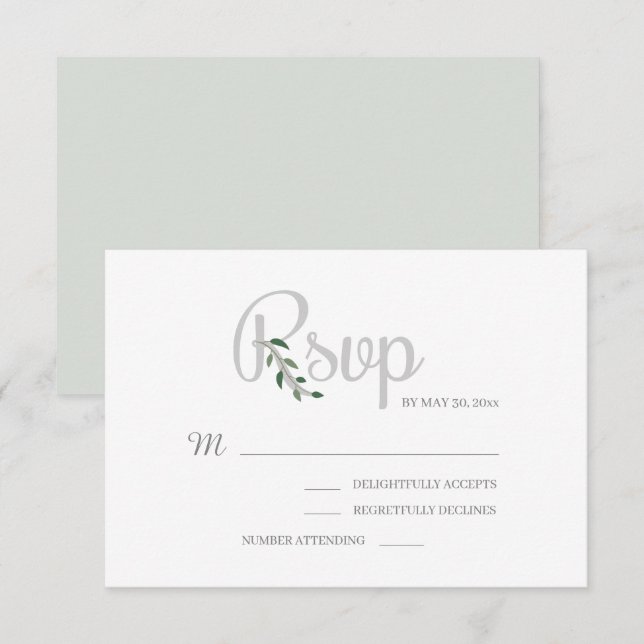 Invitación Eucalyptus deja la elegante boda gris blanca RSVP (Anverso / Reverso)
