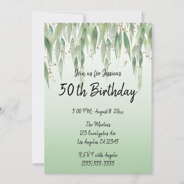 Invitación Eucalyptus deja Ombre Verde 50 cumpleaños (Anverso)