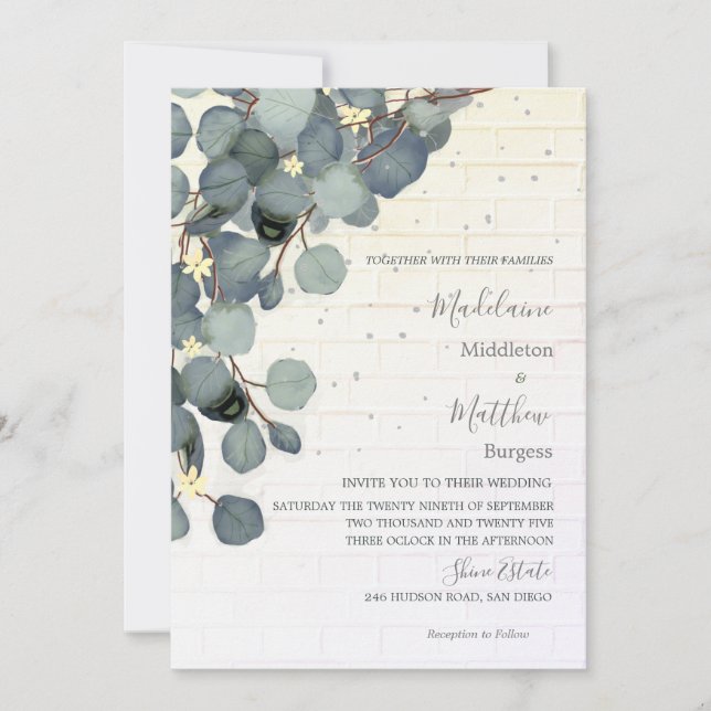 Invitación Eucalyptus deja un Boda rústico de ladrillo floral (Anverso)