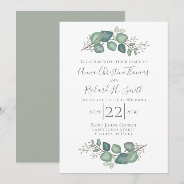 Invitación Eucalyptus deja un elegante follaje verde (Anverso / Reverso)