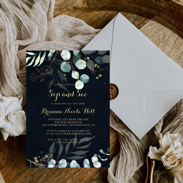 Invitación Eucalyptus dorado floral Sip y ver (Subido por el creador)