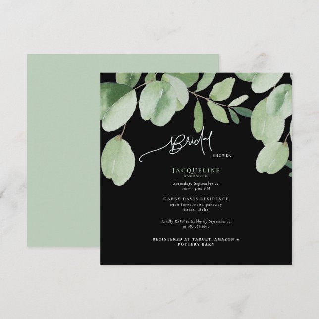 Invitación Eucalyptus Ducha de Novias Negra y Verde (Anverso / Reverso)