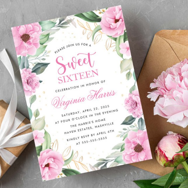 Invitación Eucalyptus Dulce Floral Rosa Dieciséis Años (Subido por el creador)
