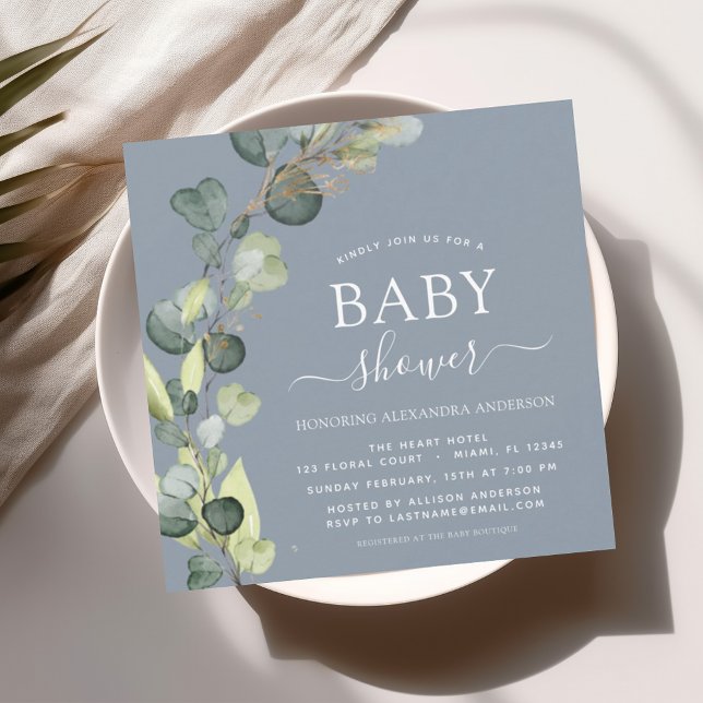 Invitación Eucalyptus Dusty Blue Baby Shower Green (Subido por el creador)