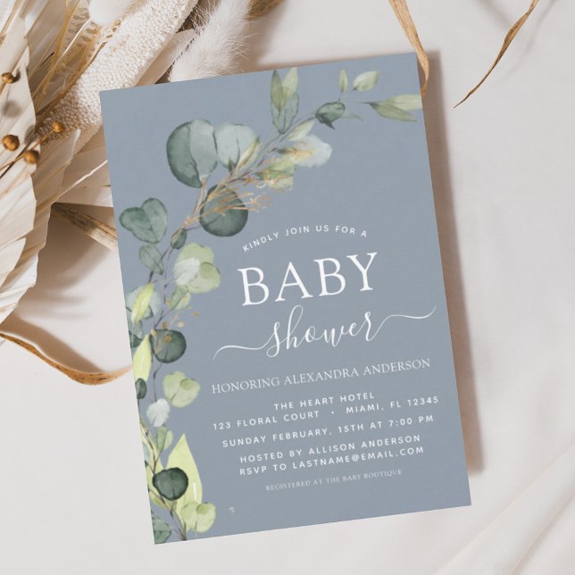 Invitación Eucalyptus Dusty Blue Baby Shower Green (Subido por el creador)