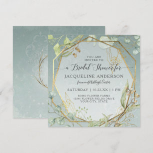 Invitación Eucalyptus Dusty Blue Gold Hexagon Bridal Shower I