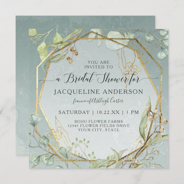 Invitación Eucalyptus Dusty Blue Gold Hexagon Shower I (Anverso / Reverso)