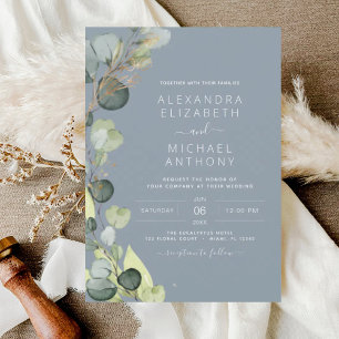 Invitación Eucalyptus Dusty Blue Sage Green Gold Boda