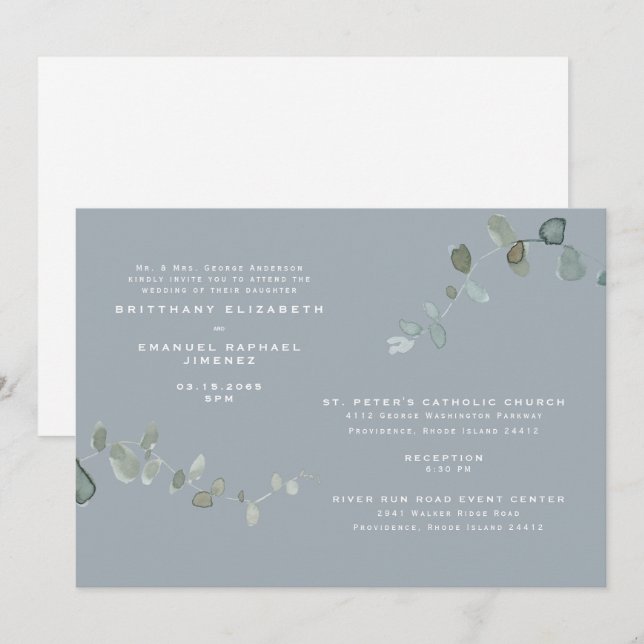 Invitación Eucalyptus Dusty Blue Two Venues Boda (Anverso / Reverso)