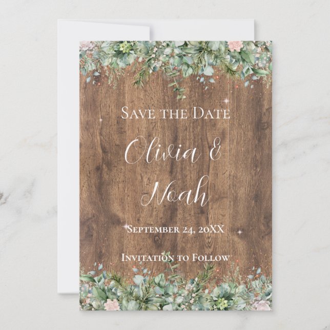 Invitación Eucalyptus Dusty Rose Save the Date | Greenery (Anverso)