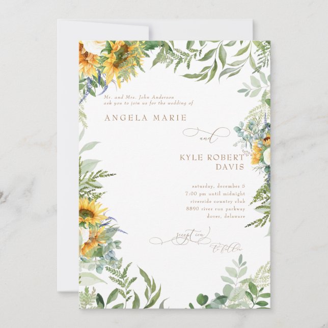Invitación Eucalyptus Elegance Sunflower White Boda (Anverso)