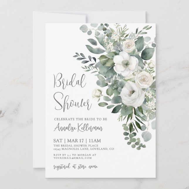 Invitación Eucalyptus Elegant Floral Bridal Shower (Anverso)