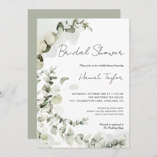 Invitación Eucalyptus Elegant Modern Bridal Shower (Anverso / Reverso)