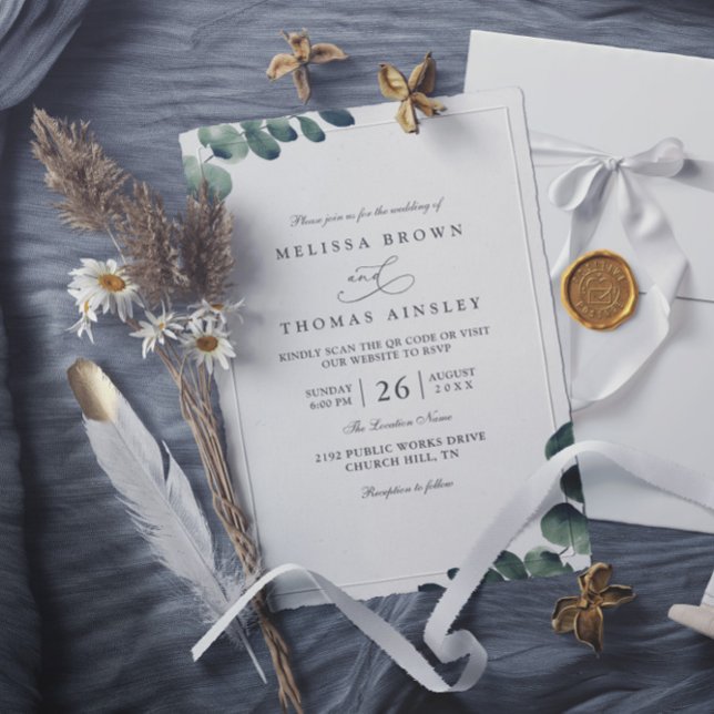 Invitación Eucalyptus Elegant Modern Rustic QR Code Wedding (Subido por el creador)