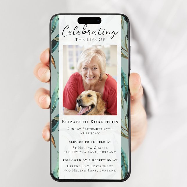 Invitación Eucalyptus Elegant Photo Funeral Digital Evite (Subido por el creador)