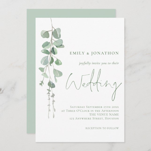Invitación Eucalyptus Elegante Boda de guión de sabio (Anverso / Reverso)