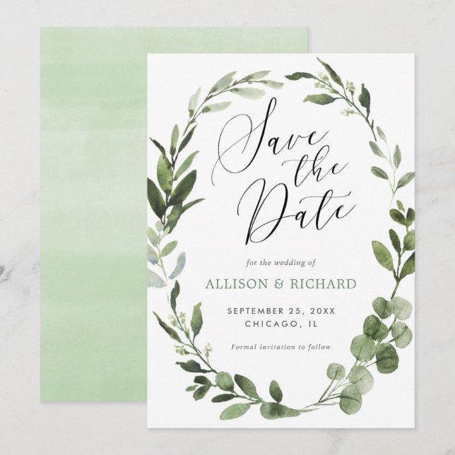 Invitación Eucalyptus era vegetación simple Guardar la fecha (Anverso / Reverso)