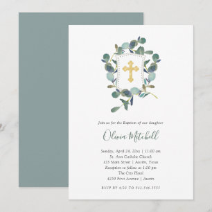 Invitación Eucalyptus Escudo   Acuarela y bautismo cruzado