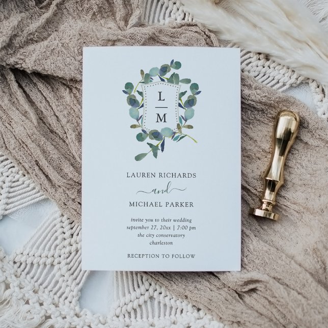 Invitación Eucalyptus Escudo | Boda acuarela (An elegant wedding invitation with your monogram in a crest surrounded by eucalyptus leaves)