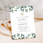 Invitación Eucalyptus Escudo | Green Leaves Gold Bat Mitzvah<br><div class="desc">Las invitaciones a Bat Mitzvah son sencillas y de moda y cuentan con hojas de eucalipto de color verde sobre un fondo blanco limpio con escritura manual moderna y un falso aspecto dorado Star of David.</div>