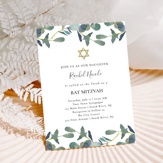 Invitación Eucalyptus Escudo | Green Leaves Gold Bat Mitzvah (Subido por el creador)
