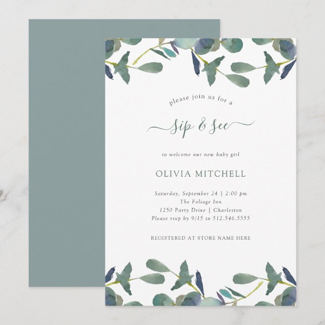 Invitación Eucalyptus Escudo | Green Leaves Sip y See (Anverso / Reverso)