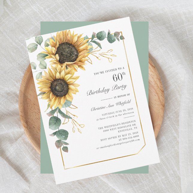 Invitación Eucalyptus Floral 60 cumpleaños (Floral Sunflower Eucalyptus 60th Birthday Invitation)