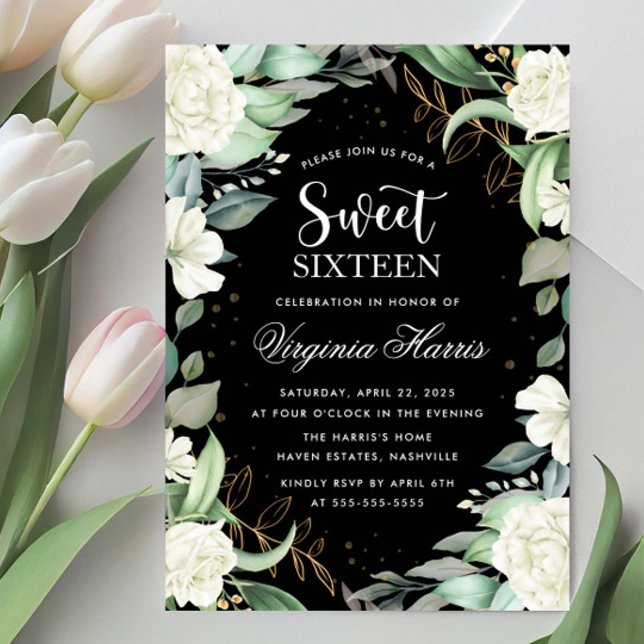 Invitación Eucalyptus Floral Black Sweet 16 cumpleaños (Subido por el creador)